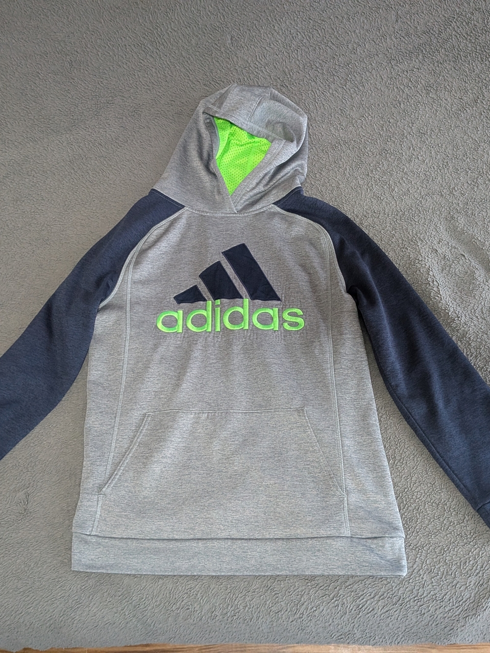 adidas Gray and Navy Crewneck Hoodie with Neon Green Logo